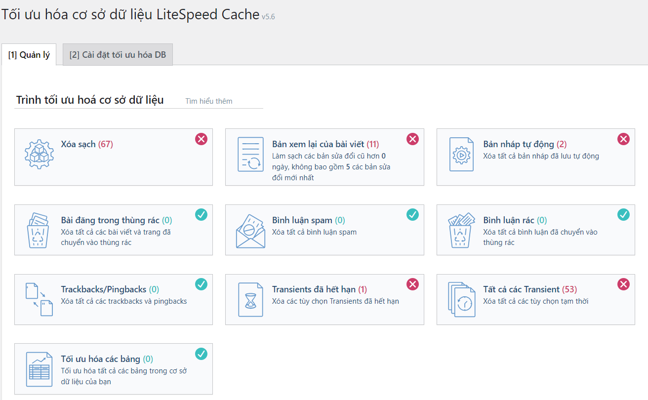 Cài đặt và sử dụng LiteSpeed Cache tối ưu hóa cơ sở dữ liệu