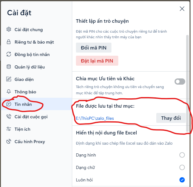 chuyển thư mục lưu file tải xuống trong Zalo PC