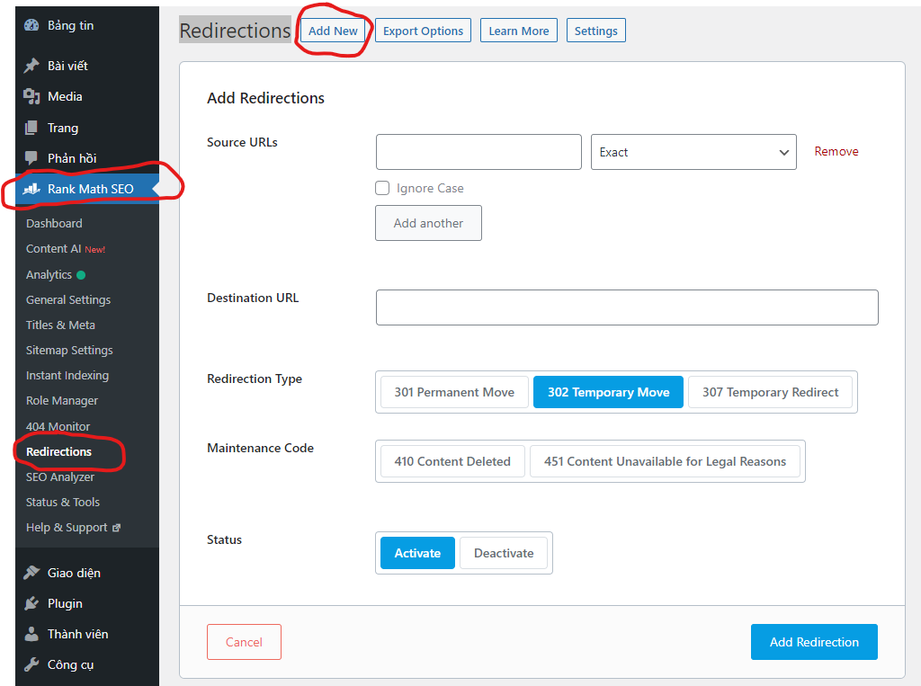 Hướng dẫn thêm Redirect trong Rank Math SEO