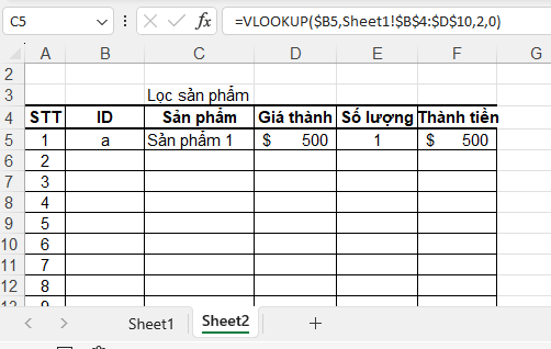 Ví dụ sử dụng hàm vlookup trả về trên sheet khác