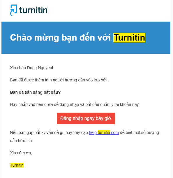 mẫu email mời người hướng dẫn Turnitin
