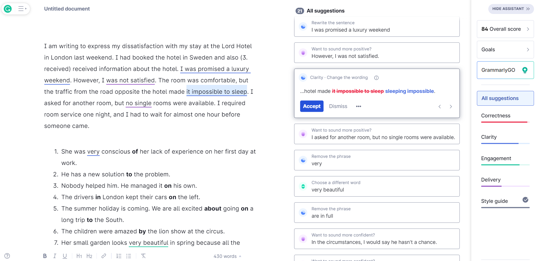 ví dụ trong nhiều lựa chọn trong đoạn văn Grammarly