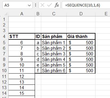 Cách Làm Số Thứ Tự Theo Cột Tự Động bằng Hàm SEQUENCE trong Excel 1