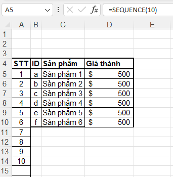 Cách Làm Số Thứ Tự Theo Cột Tự Động bằng Hàm SEQUENCE trong Excel