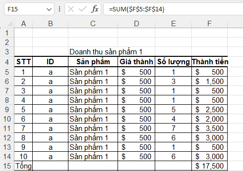 Ví dụ cố định hoàn toàn công thức Excel