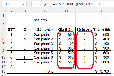 Ví dụ tính tổng bằng hàm SUMPRODUCT
