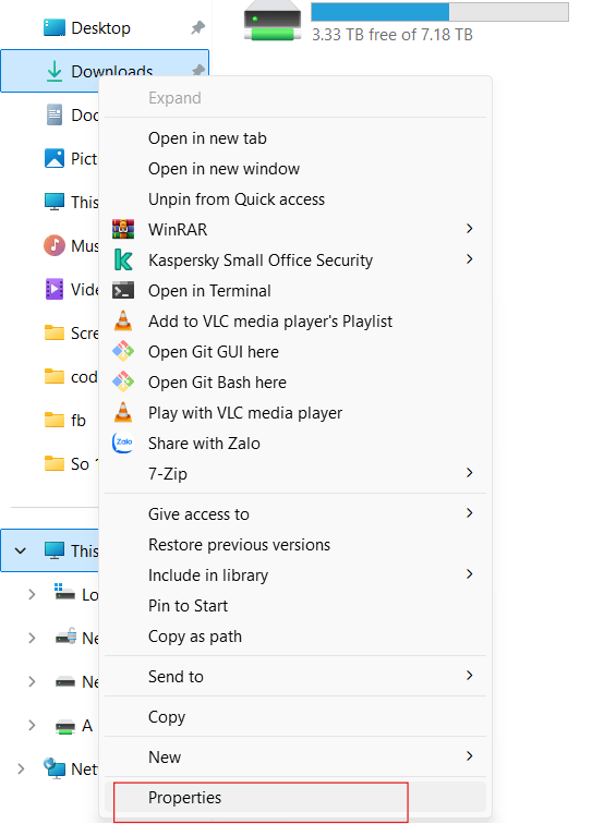 Nhap chuot phai vao thu muc Downloads Desktop Video sau do chon Properties